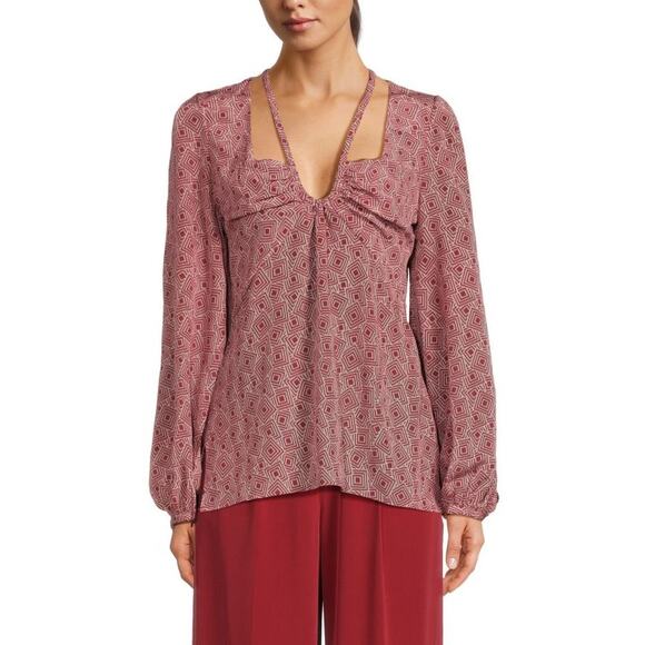 NWT Equipment Arden Puff Sleeve Top Red‎ Geometric Print Silk 8 - Picture 1 of 7